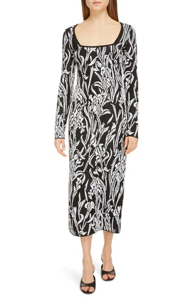 Shop Givenchy Floral Jacquard Long Sleeve Midi Sweater Dress In Black White