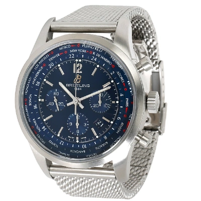 Pre-owned Breitling Blue Stainless Steel Transocean Chronograph Unitime Ab0510u9/c879 Men's Wristwatch 46 Mm