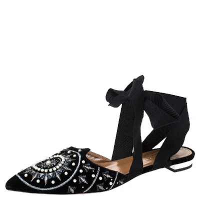 Pre-owned Aquazzura Black Embellished Velvet Stellar Ankle Wrap Flat Mules Size 38