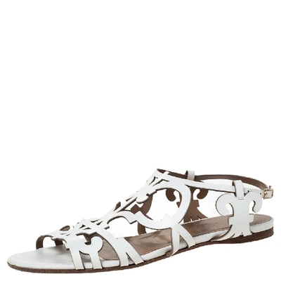 Pre-owned Hermes White Leather Karlotta Cut Out Flat Sandals Size 36