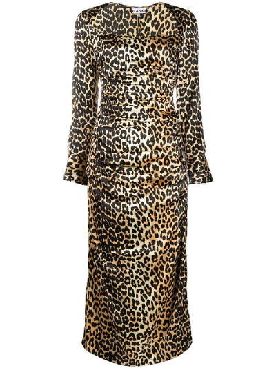 Shop Ganni Leopard-print Satin Midi Dress In Brown