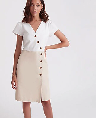 Shop Ann Taylor Petite Button Trim V-neck Sheath Dress In White