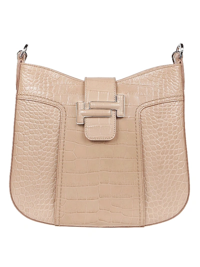 Shop Tod's Double T Croco Print Leather Hobo Bag In Beige