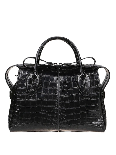 Shop Tod's D-styling M Croco Print Leather Bowling Bag In Black