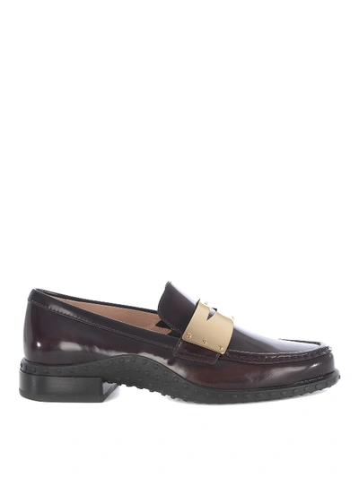 Shop Tod's Metal Penny Bag Leather Loafers In Burgundy