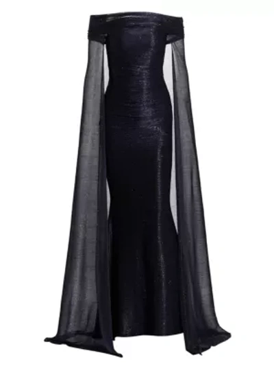 Shop Talbot Runhof Metallic Voile Off-the-shoulder Cape Gown In Majestic