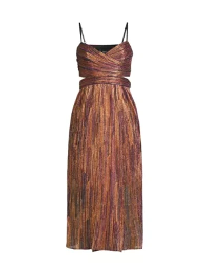 Shop Aidan Mattox Pleated Cutout Mid-length Dress In Magenta Multi
