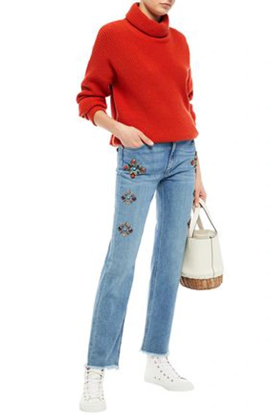Shop Etro Frayed Studded High-rise Straight-leg Jeans In Mid Denim