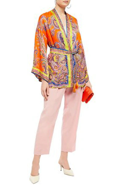 Shop Etro Belted Printed Satin-jacquard Kimono In Orange