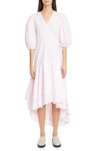 Shop Ganni Puff Sleeve Organic Cotton High/low Wrap Dress In Cherry Blossom