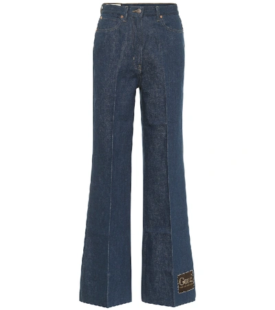 Shop Gucci High-rise Cotton-denim Flared Jeans In Blue