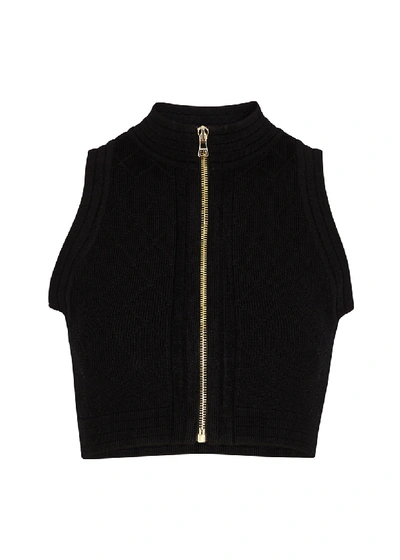 Shop Balmain Black Cropped Stretch-knit Top