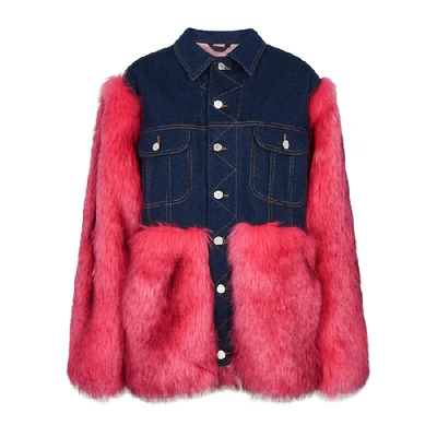 Shop Natasha Zinko Blue Denim And Faux Fur Jacket In Pink