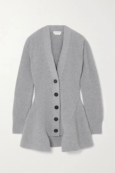 Shop Alexander Mcqueen Asymmetric Ribbed Wool And Cashmere-blend Cardigan In Gray