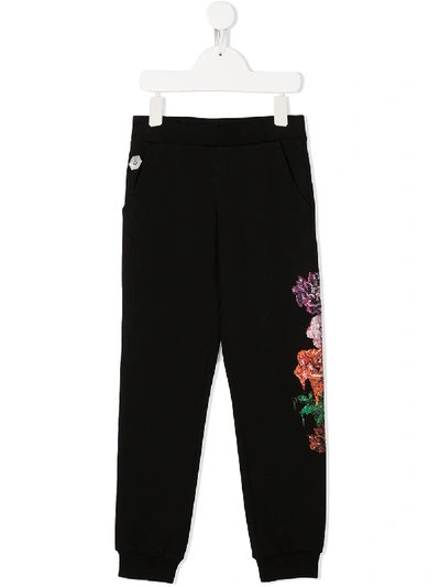 Shop Philipp Plein Junior Rhinestone Floral Print Trousers In Black