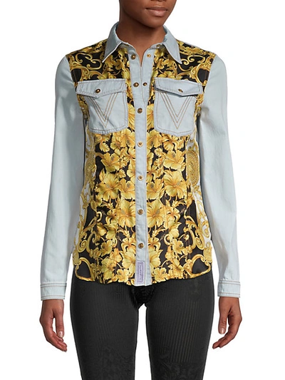 Shop Versace Western Floral Denim Shirt In Denim Light Blue