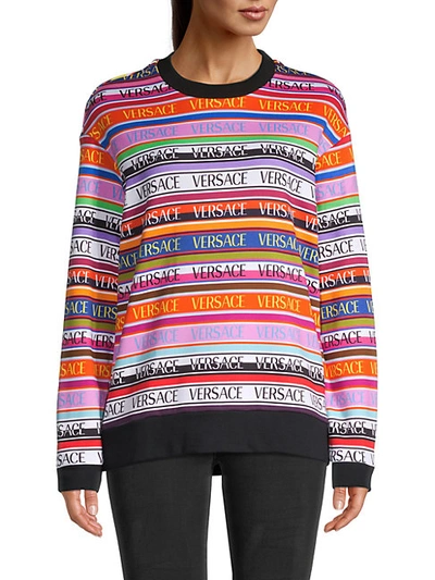 Shop Versace Logo Stripe Cotton Sweatshirt In Multi