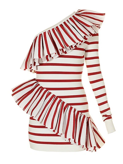 Shop Balmain One-shoulder Stripe Ruffle Dress In White Red Stripe