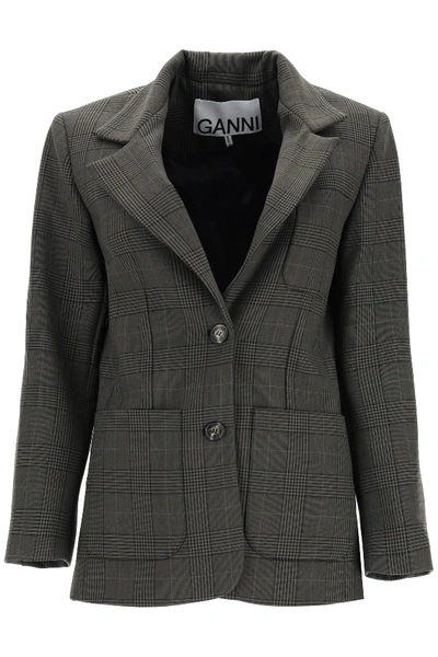 Shop Ganni Tartan Blazer In Grey,green