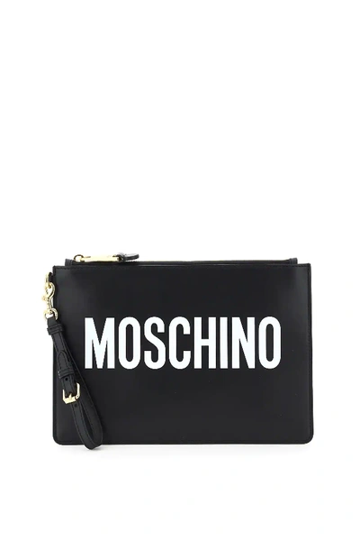 Shop Moschino Logo Print Clutch In Black,white