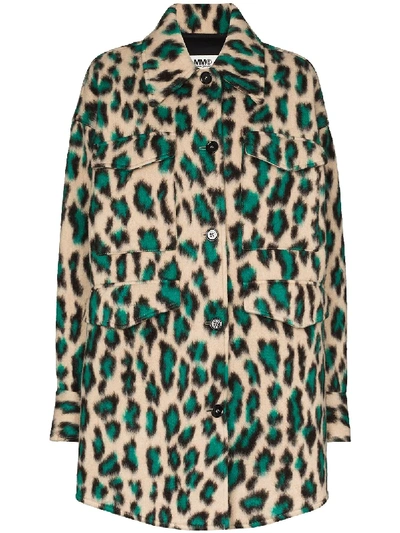 Shop Mm6 Maison Margiela Leopard Print Single-breasted Coat In Green