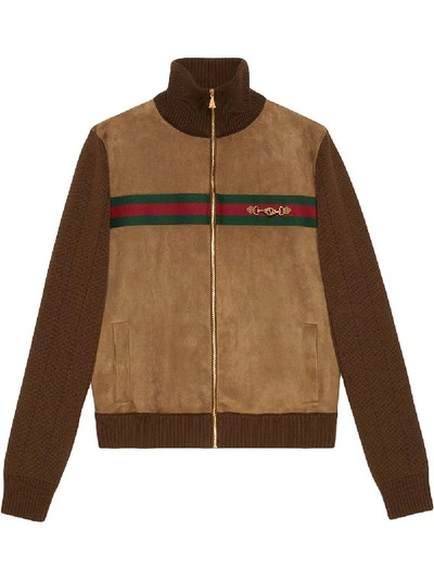 Shop Gucci Web-embellished Panelled Bomber Jacket In Brown