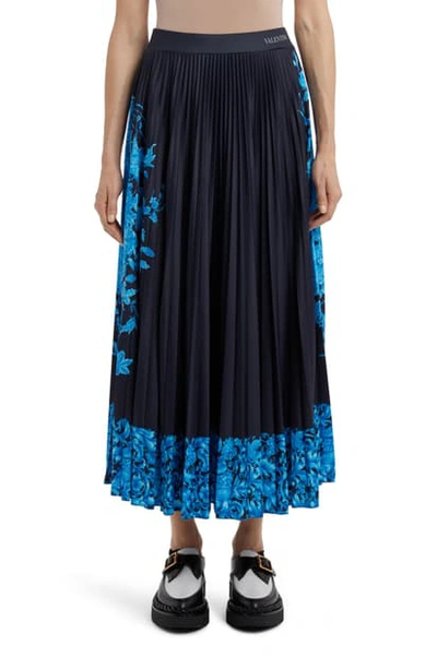 Shop Valentino Delft Print Logo Waist Pleated Maxi Skirt In Blue