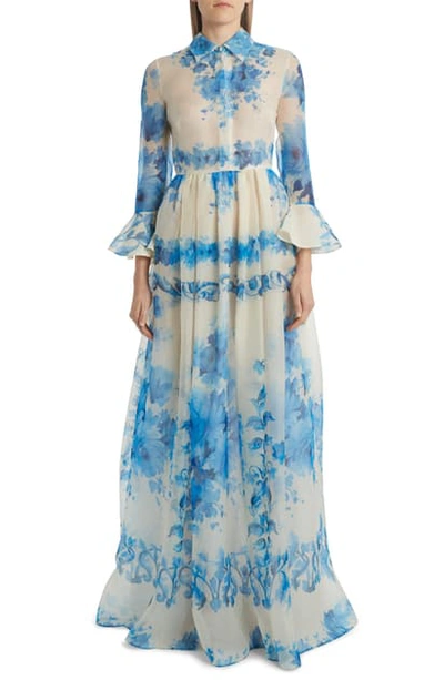 Shop Valentino Delft Print Silk Organza Gown In Avorio/ Blu Delft