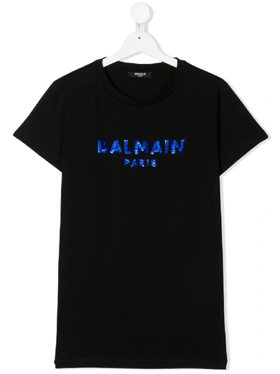Shop Balmain Teen Sequin Embellished Crew Neck T-shirt In Black