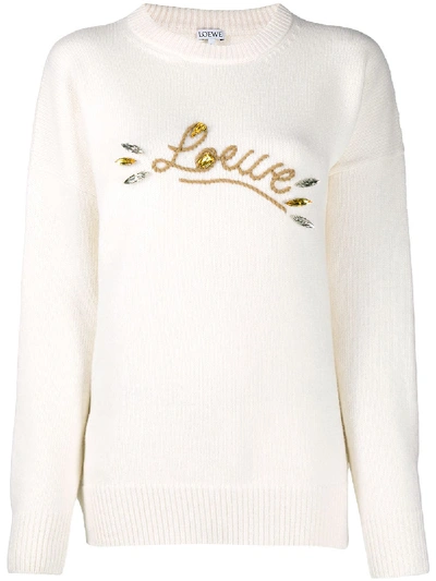 Shop Loewe Embroidered Logo Wool Jumper In White