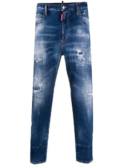 Shop Dsquared2 Ripped Paint-splatter Skinny Jeans In Blue