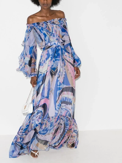 Shop Emilio Pucci Wally-print Ruffled Gown In Blue