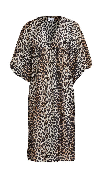 Shop Ganni Cotton Silk Dress In Leopard
