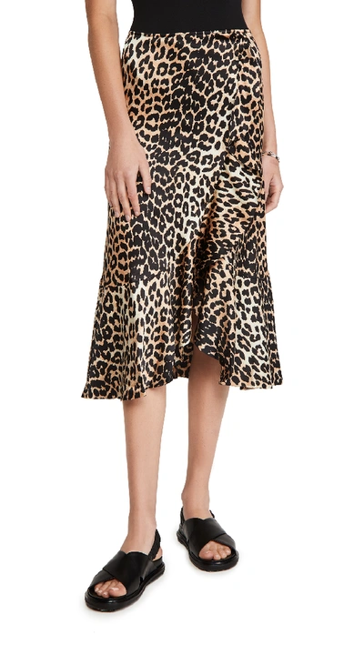 Shop Ganni Silk Stretch Satin Skirt In Leopard