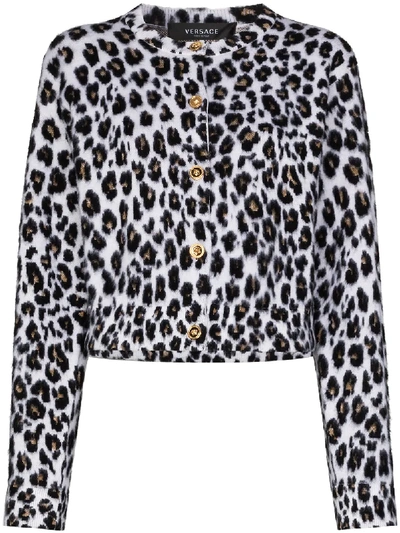 Shop Versace Leopard-print Knit Cardigan In Black