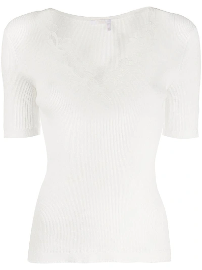 Shop Chloé Embroidered Ribbed Cottont-shirt In White