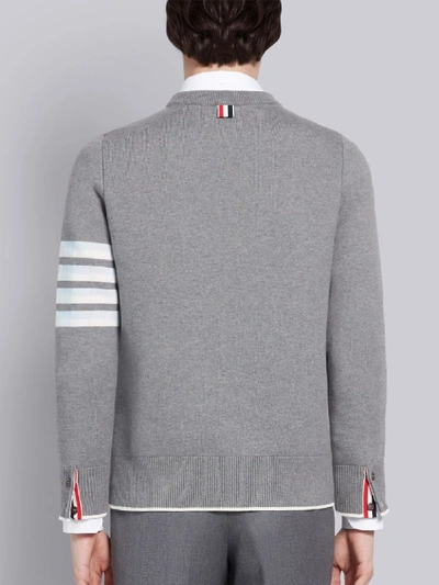 THOM BROWNE LIGHT GREY COTTON CREPE BUFFALO CHECK JACQUARD HECTOR ICON CREWNECK 4-BAR PULLOVER