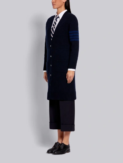 Shop Thom Browne Navy Overwashed Wool Cashmere Cardigan Stitch Tonal 4-bar Long V-neck Cardigan In Blue