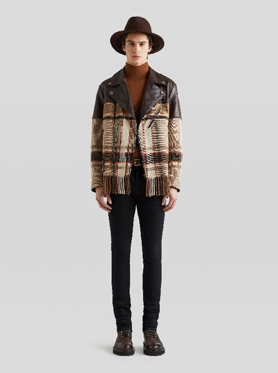 Shop Etro Leather And Check Wool Biker Jacket In Beige