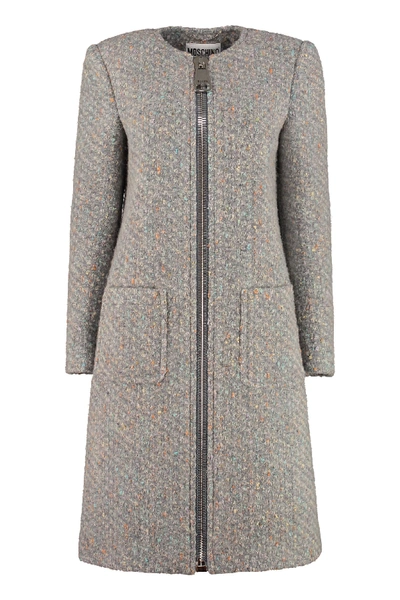 Shop Moschino Boucle Knit Coat In Grey