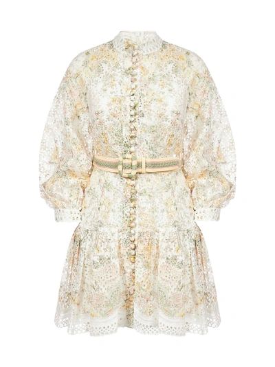 Shop Zimmermann Amelie Floral Print Embroidered Linen Short Dress In Ivory Floral