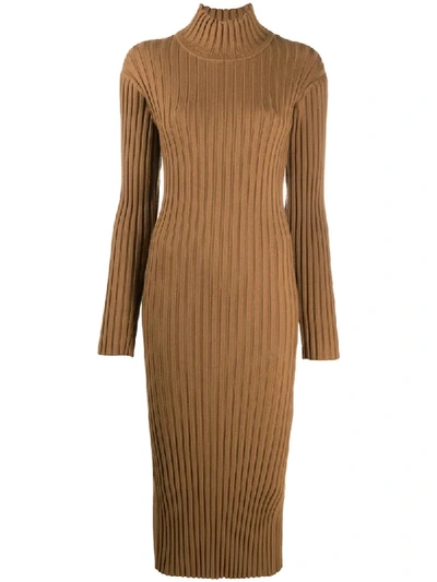 Shop Kenzo Ribbed Knit Slit Detail Dress In Brown
