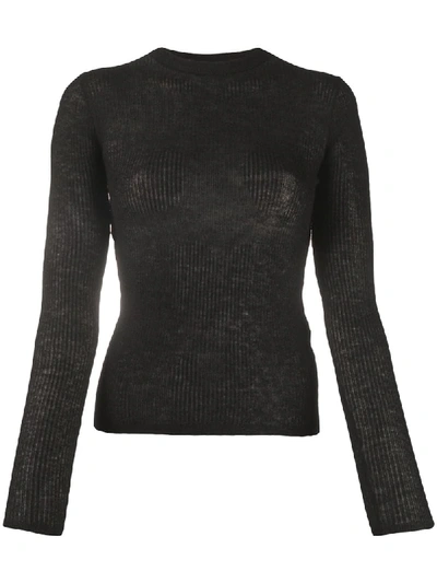 Saint Laurent Ribbed Knit Sheer Top In Black