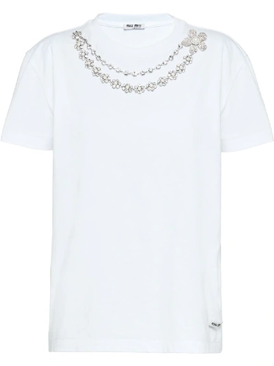 Shop Miu Miu Embellished Jersey T-shirt In White