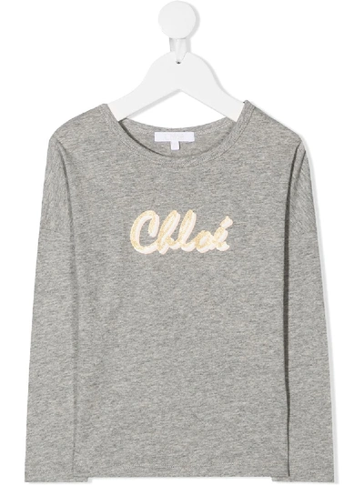 Shop Chloé Glitter Logo Print Top In Grey