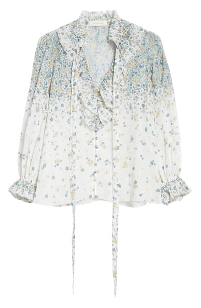 Shop Zimmermann Carnaby Waterfall Floral Ruffle Tie Neck Blouse In Indigo Ditsy