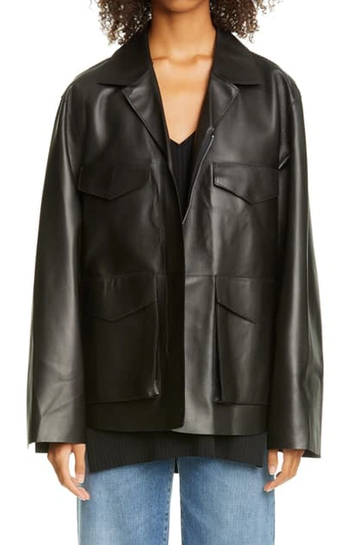 Shop Totême Avignon Oversize Leather Jacket In Black