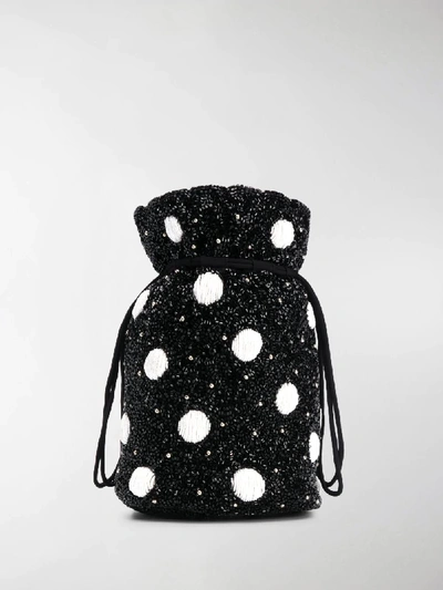 Shop Ganni Polka Dot Beaded Bucket Bag In Black