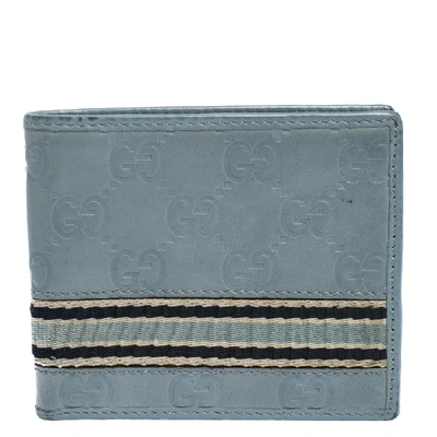 Pre-owned Gucci Ssima Leather Web Bifold Wallet In Blue