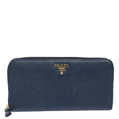 Pre-owned Prada Blue Saffiano Lux Leather Zip Around Wallet In Black